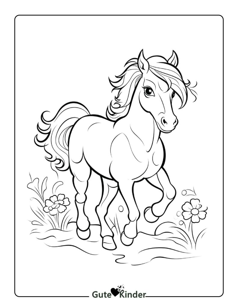 Ausmalbild Pony auf einer Blumenwiese