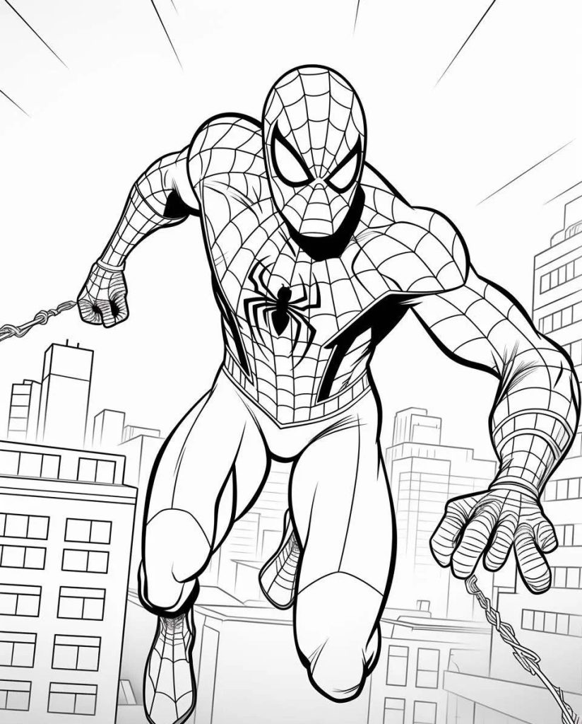 Ausmalbild Spiderman springt über Gebäude