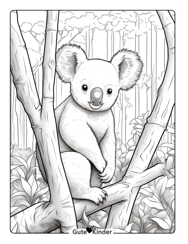 Ausmalbild Koala und Baum zum Ausdrucken und Herunterladen