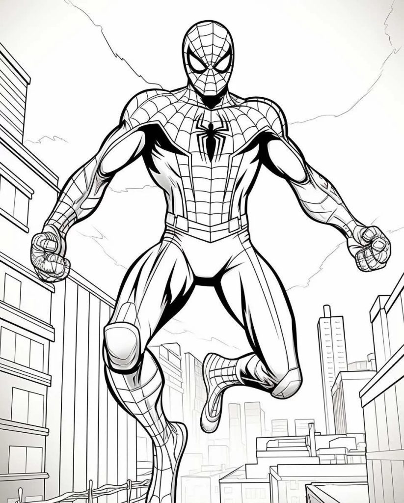 Malvorlage Spiderman mit Bauwerken