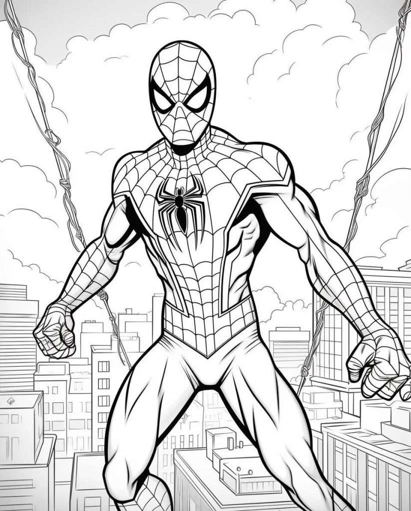 Ausmalbild Spiderman mit Spinnennetz