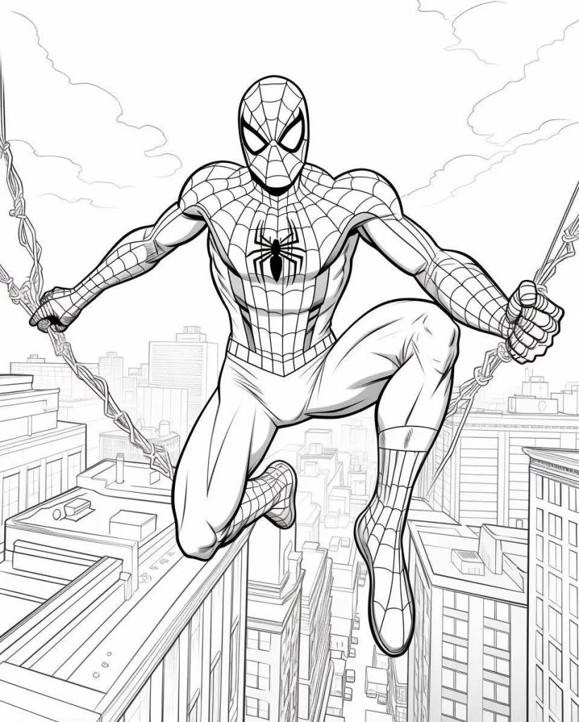 Spiderman springt in die Luft Ausmalbild zum Ausdrucken Kostenlos